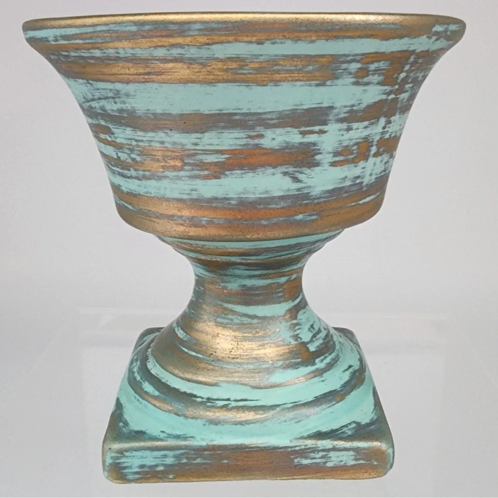 Stangl Pottery Planter Urn Turquoise Gold Ceramic Pedestal Vase EXC Vintage
